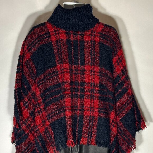 Plaid Poncho Turtleneck Navy & Red OSFA Comfy Parisian Academia Old Money - Picture 3 of 4